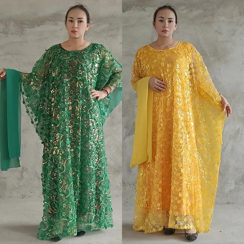 3PC African Dresses for Women – Sequin Flower Abaya, Kaftan Caftan, Dashiki Robe, and Traditional Dress Set
