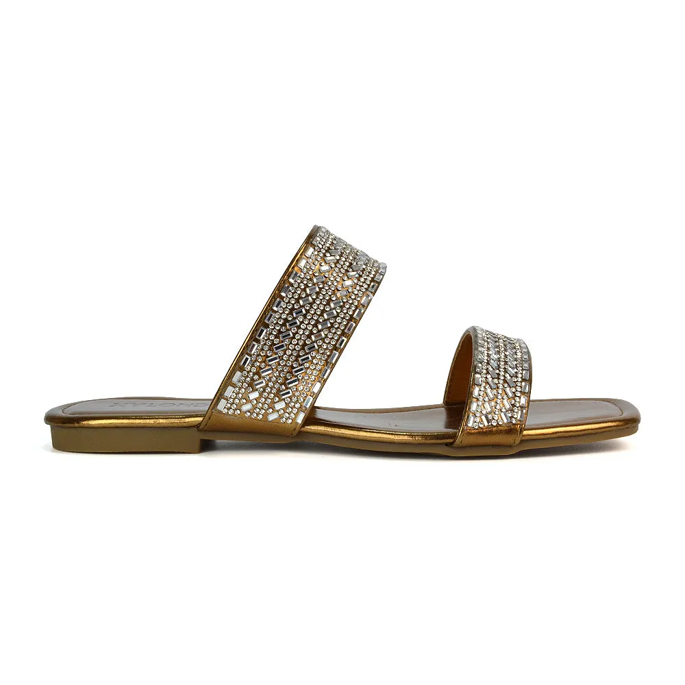 Erica Double Strap Diamante Flat Sandals Rhinestone Sliders in Liquid Gold Metallic