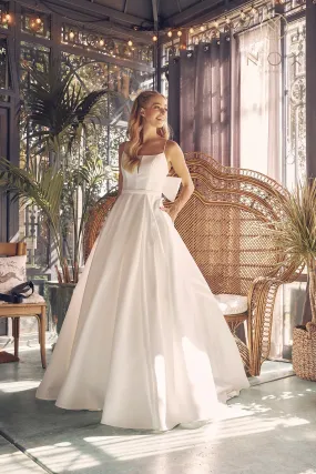Illusion Straight Across A-Line Satin Spaghetti Straps Long Wedding Dress NXJE968