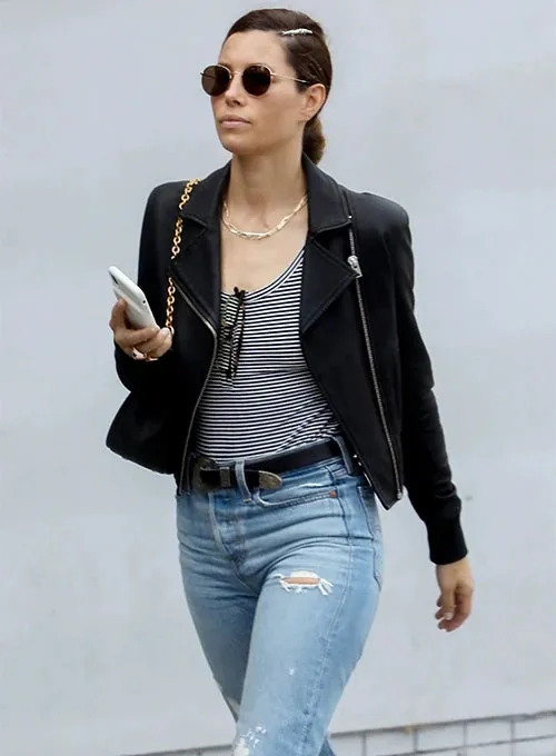 Jessica Biel Rocks Leather Jacket
