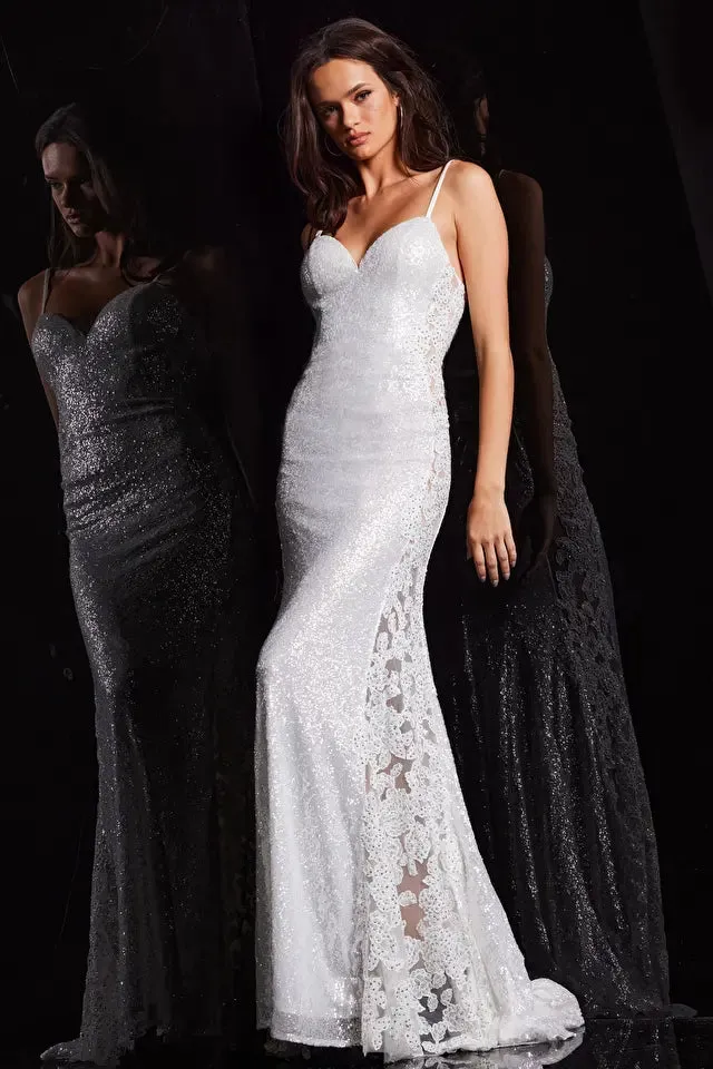 Jovani 37648 Long Prom Dress Spaghetti Strap Sheath Sheer Sides Beaded Formal Pageant Gown