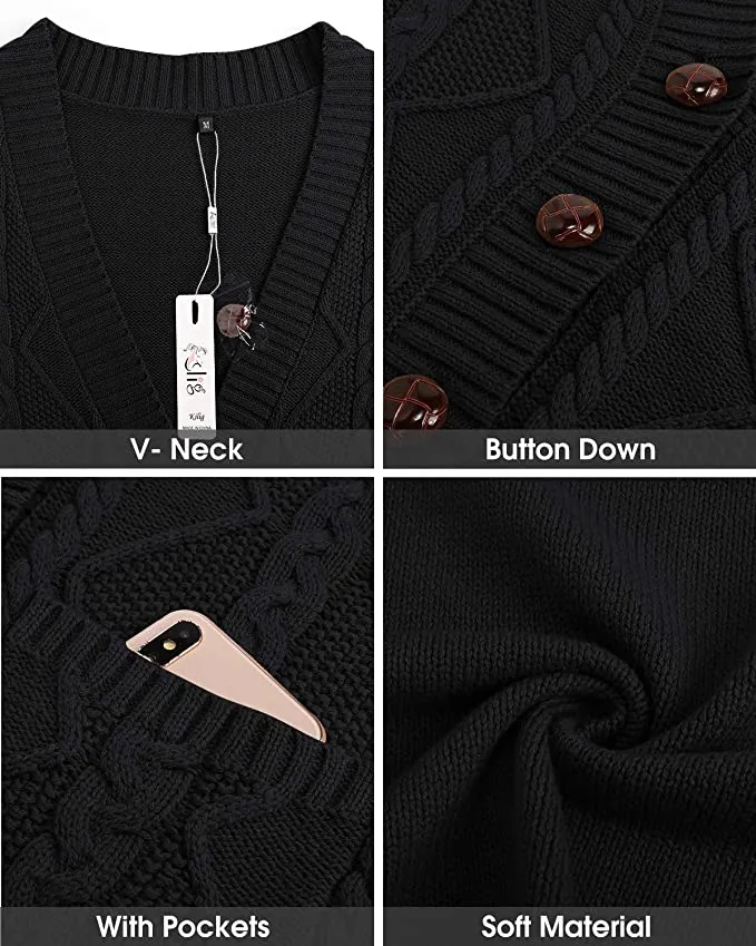 KILIG Women's Cardigan Sweater Open Front Button-Down Long Sleeve Boyfriend Loose Outwear with Pockets, Black - Size Small