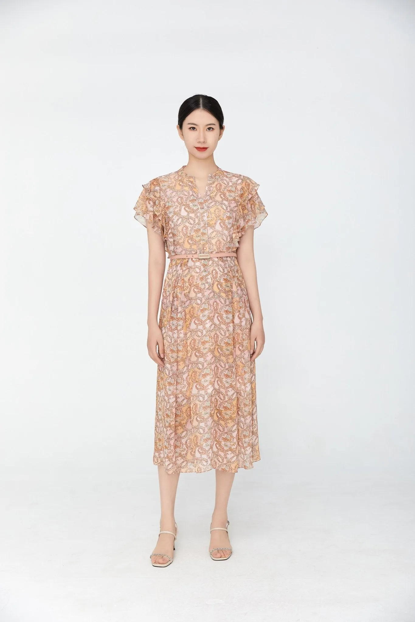 Pink Floral Waist Ruffles Midi Dress
