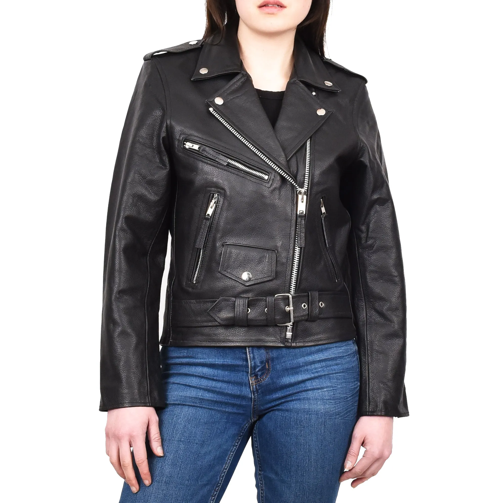 Women's Cowhide Leather Biker Jacket Brando Fringes Cross Zip Vinga Black